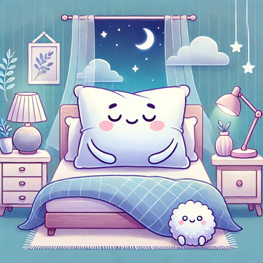 A restezzy big pillow mascot sitting on bed with close eye with a bed comforter and a kid pillow resting on bedside corner.