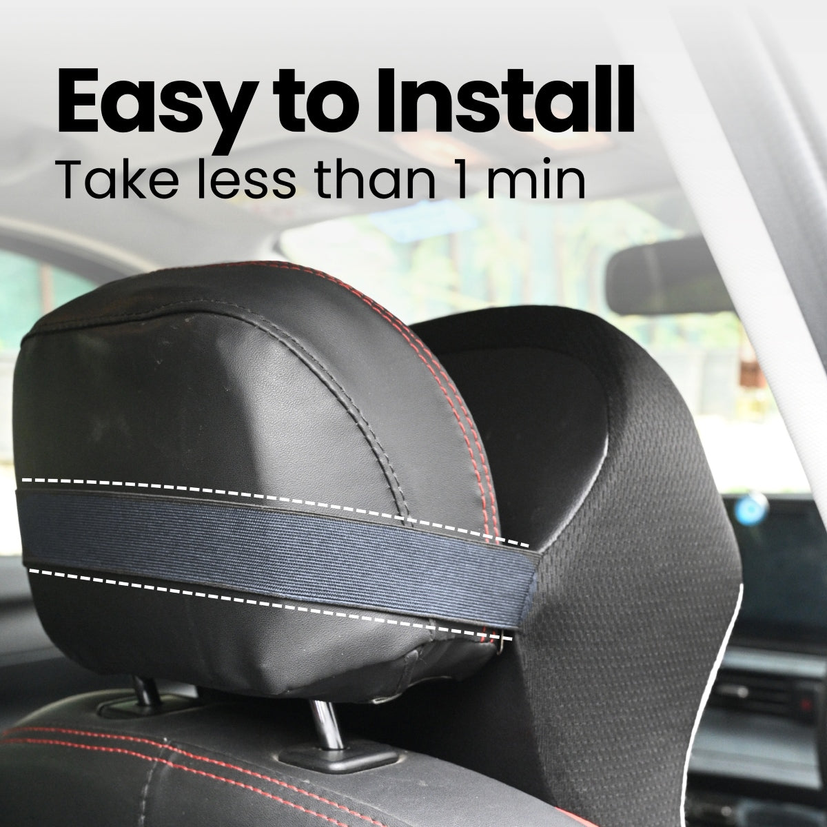 Car headrest cover with text 'Easy to Install, Take less than 1 min' on a car interior background.