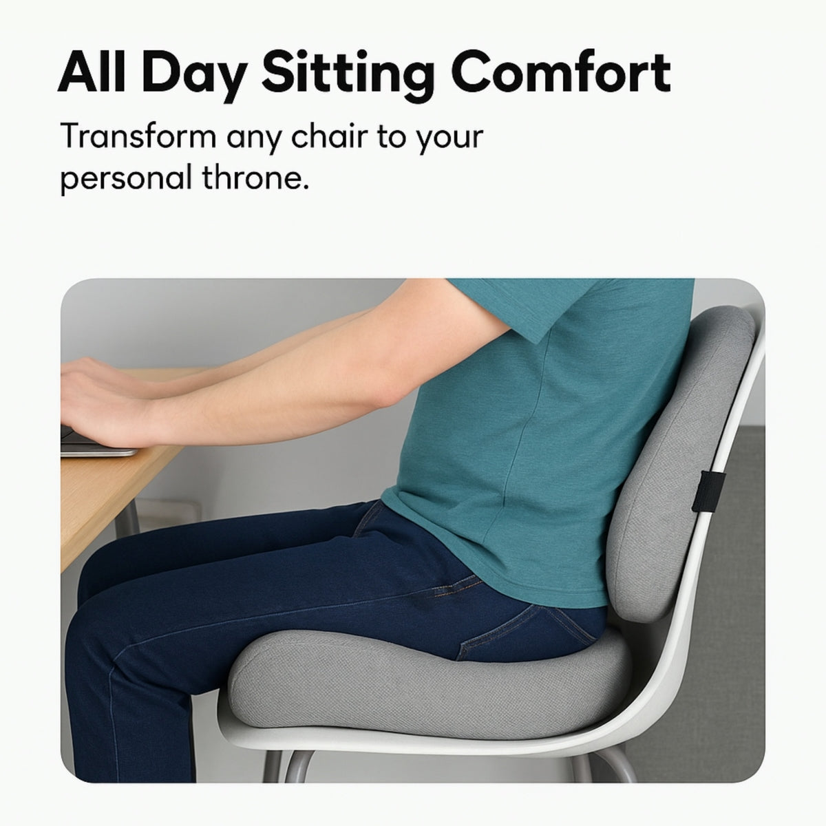 Person sitting on a chair with a cushion, promoting comfort for long hours of sitting.