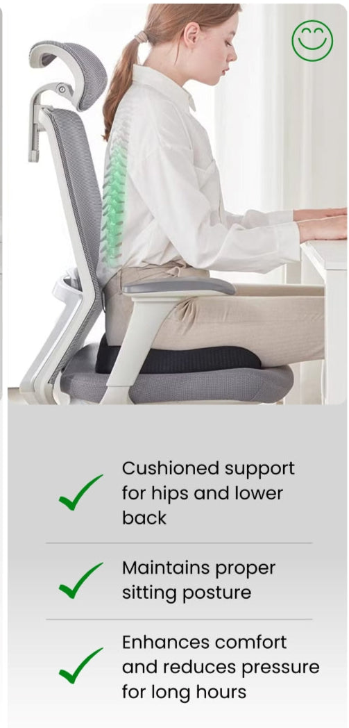 Comparison of poor posture and correct posture with a cushioned seat support system.