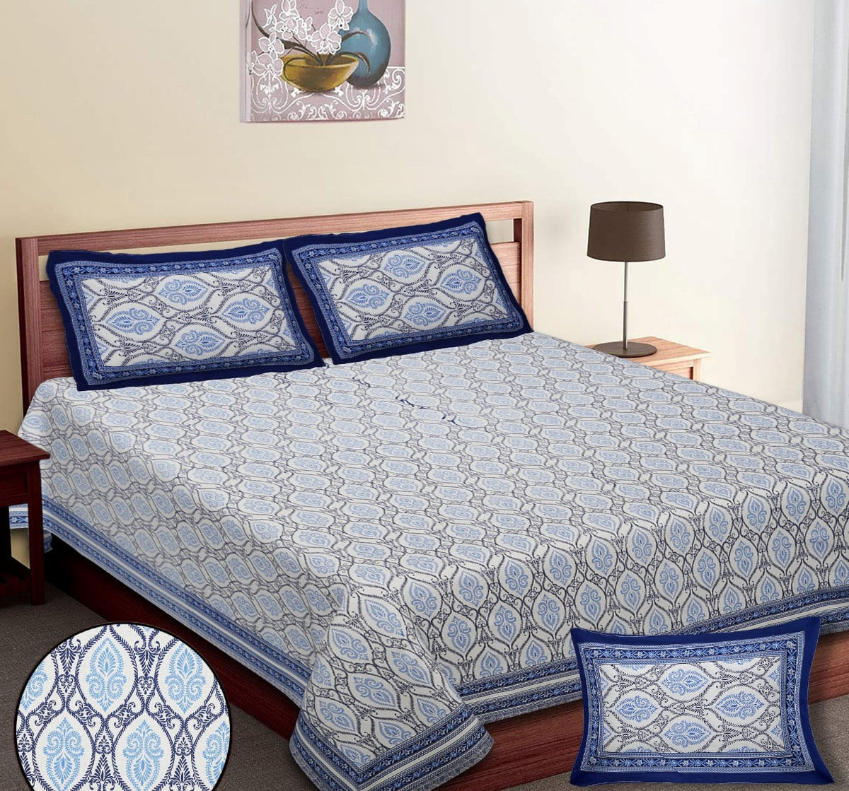 Bedspread with blue and gray pattern on a bed in a bedroom setting. RESTEZZY