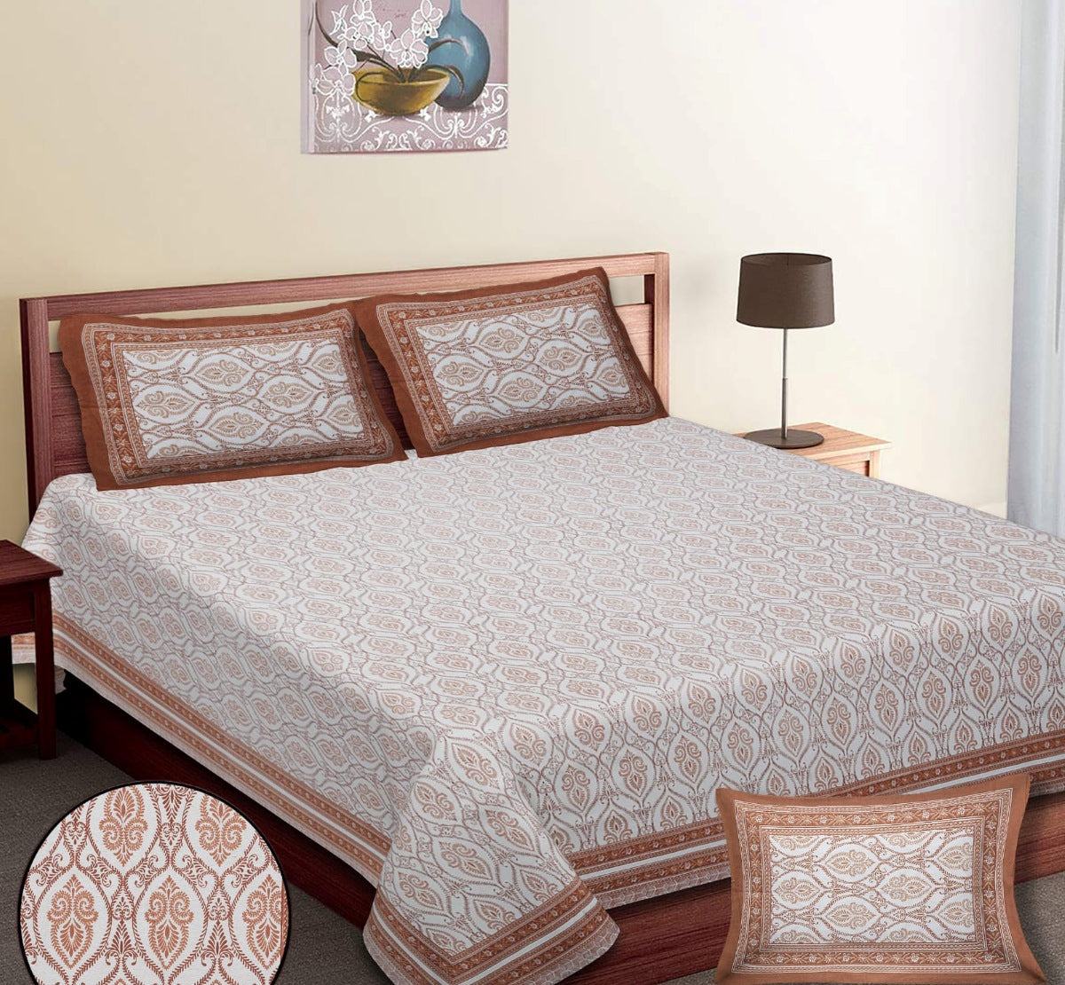 Bed with patterned bedding and pillows in a bedroom setting. RESTEZZY