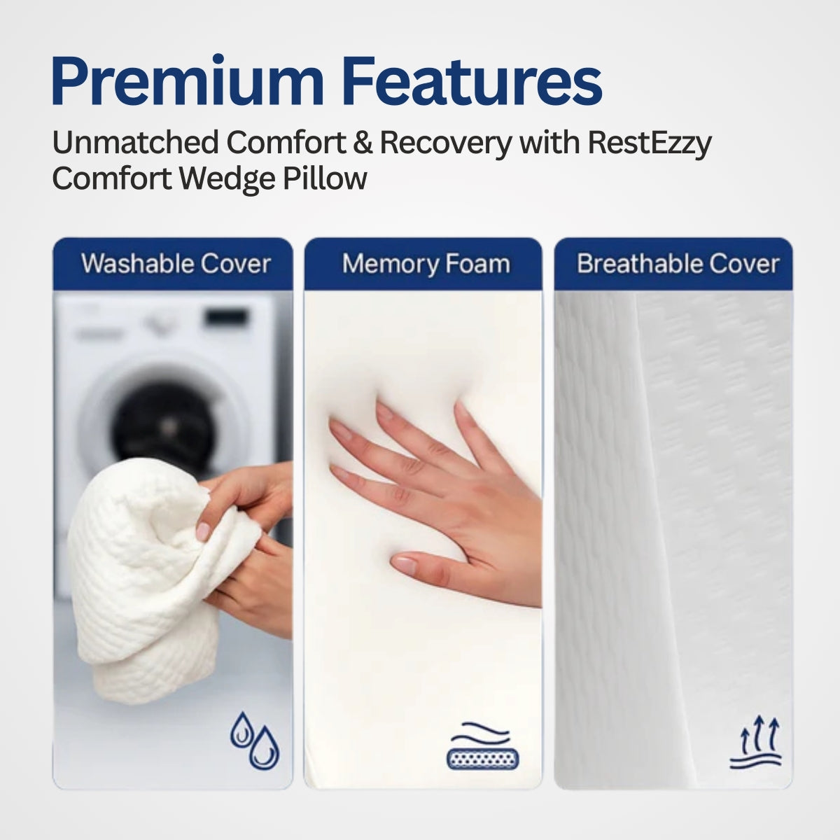 Advertisement for RestEzzy Comfort Wedge Pillow highlighting washable cover, memory foam, and breathable cover features.
