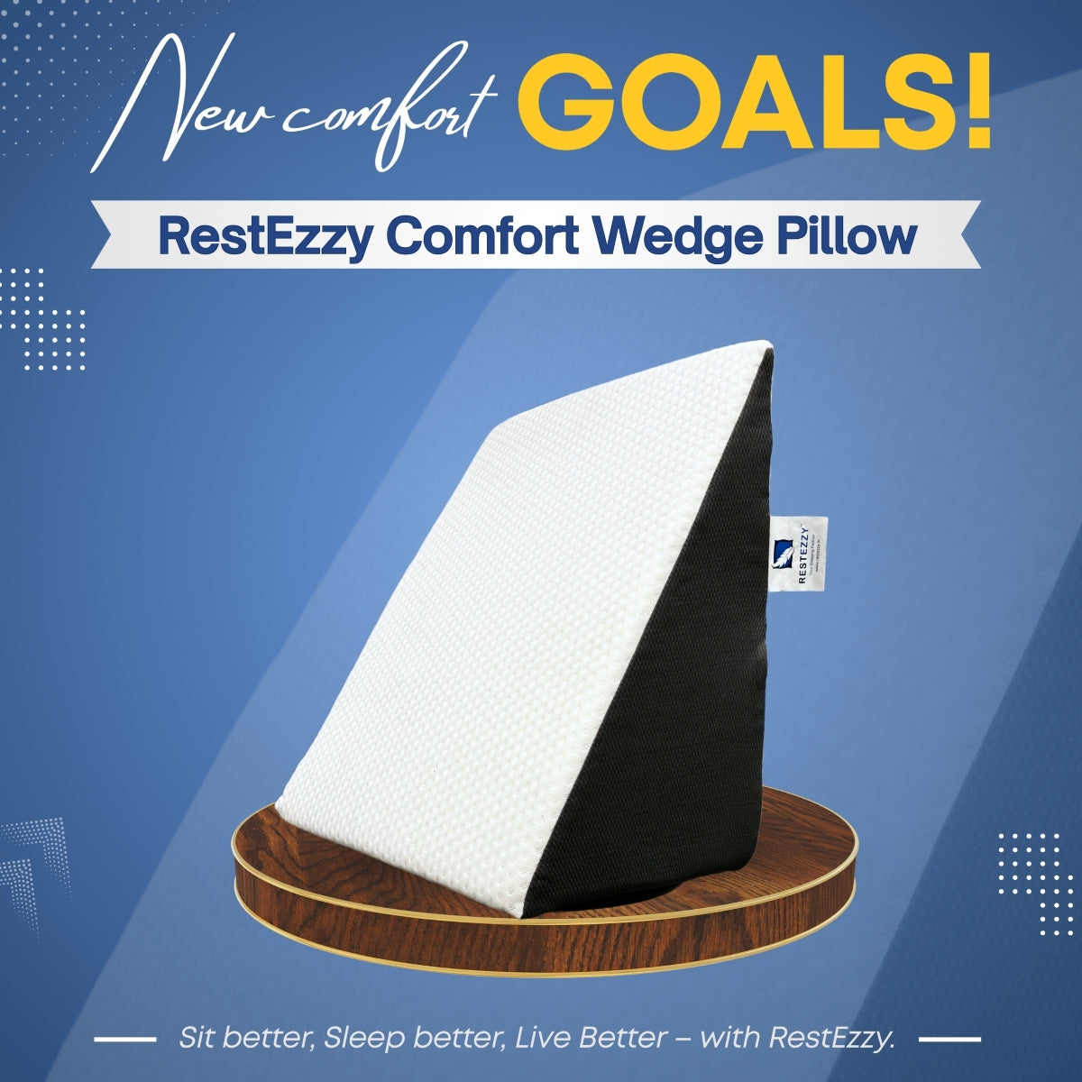 RestEzzy Comfort Wedge Pillow on a blue background with promotional text.