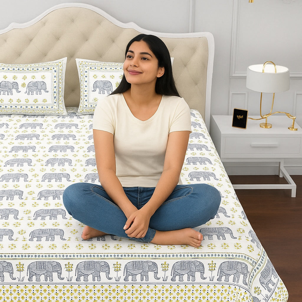 Woman sitting on a bed with elephant-patterned bedding in a bedroom setting.
