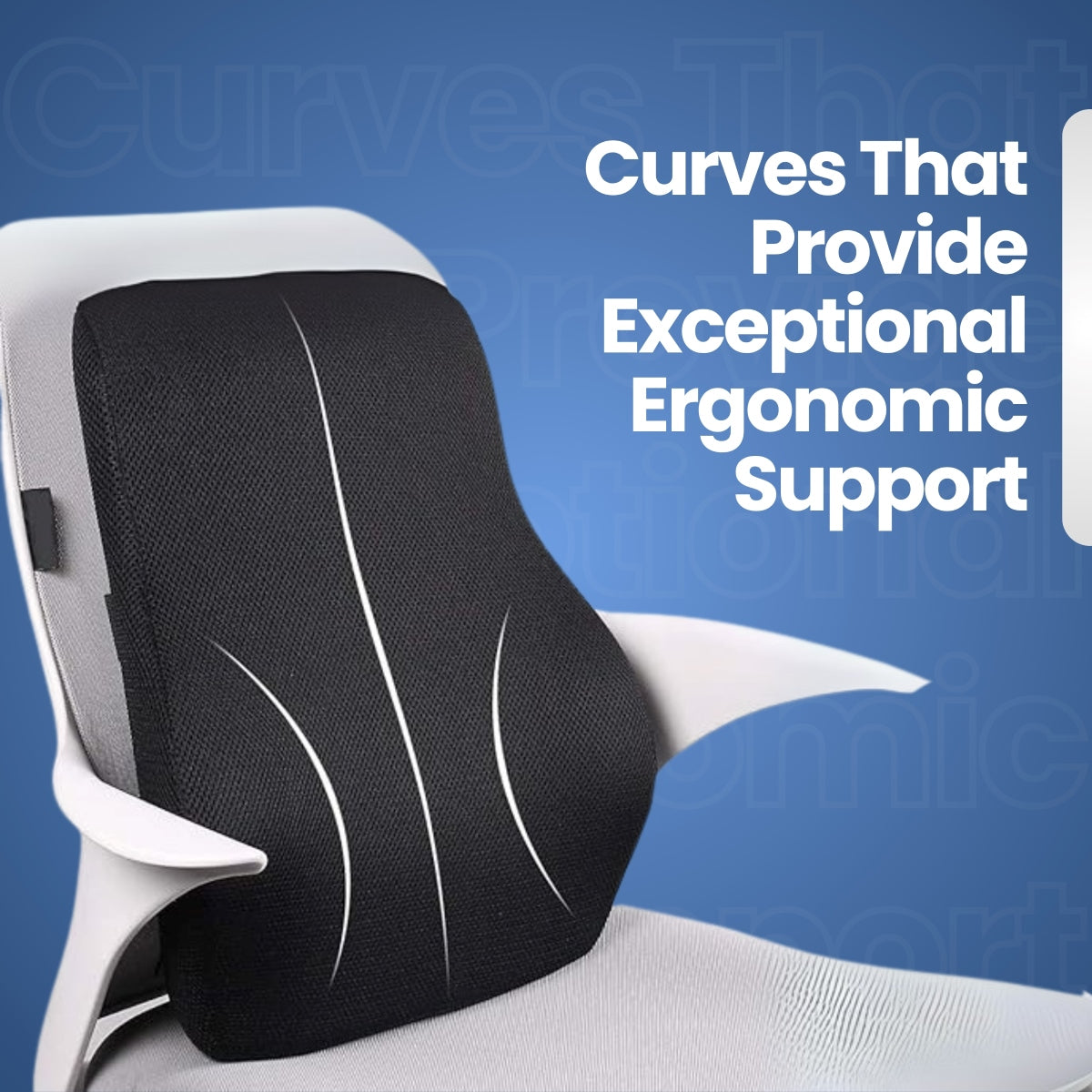 Black ergonomic seat cushion on a chair with a blue background and text about support.