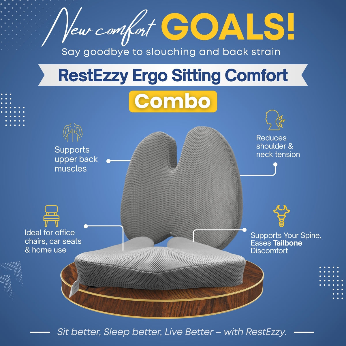 Advertisement for RestEzzy Ergo Sitting Comfort Combo with product and benefits on a blue background