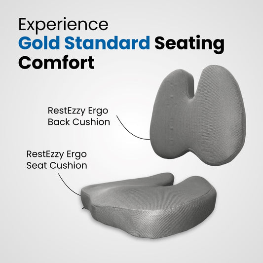 Gray ergonomic seat cushion with text highlighting comfort and brand on a light gray background