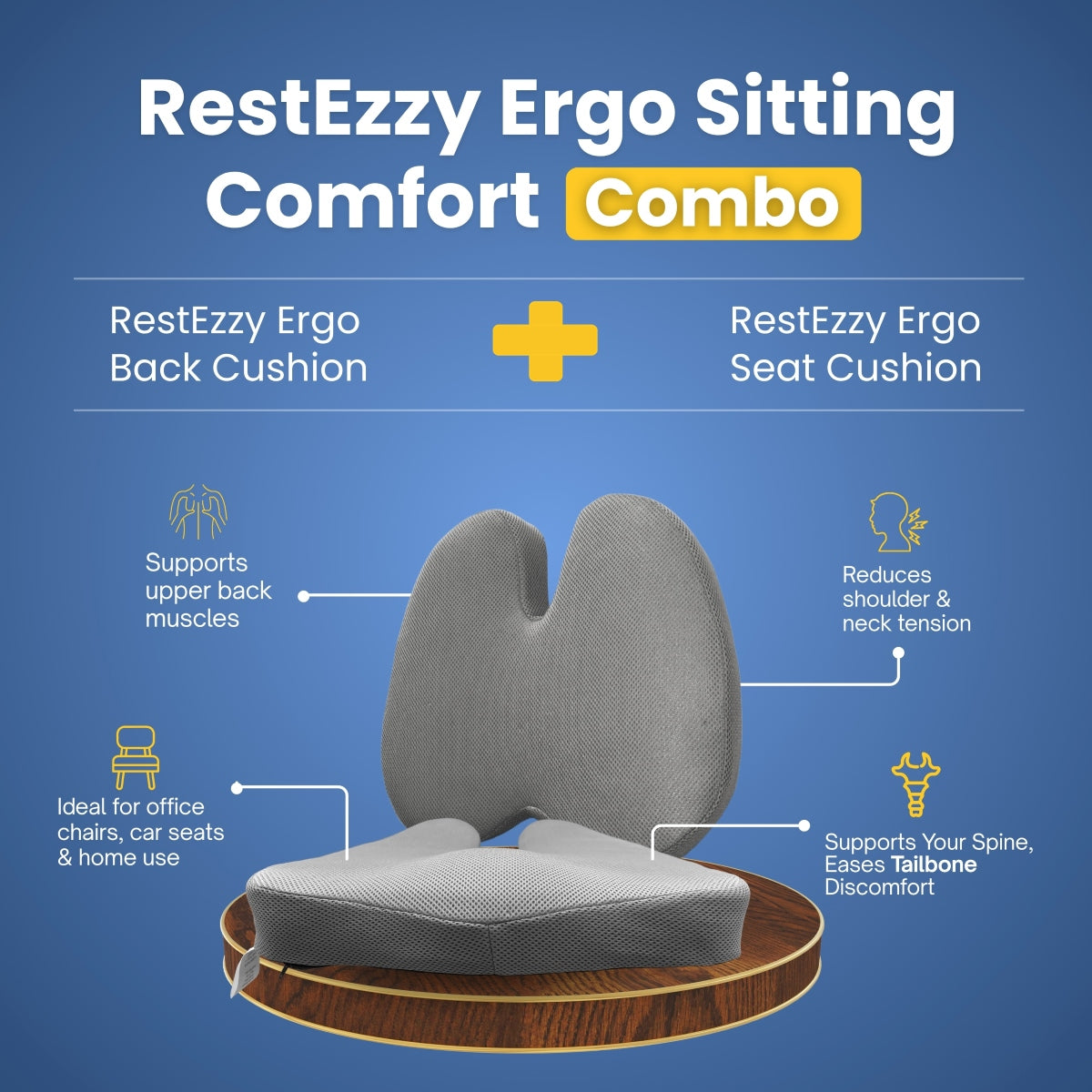 RestEzzy Ergo sitting comfort combo with back and seat cushion on a blue background