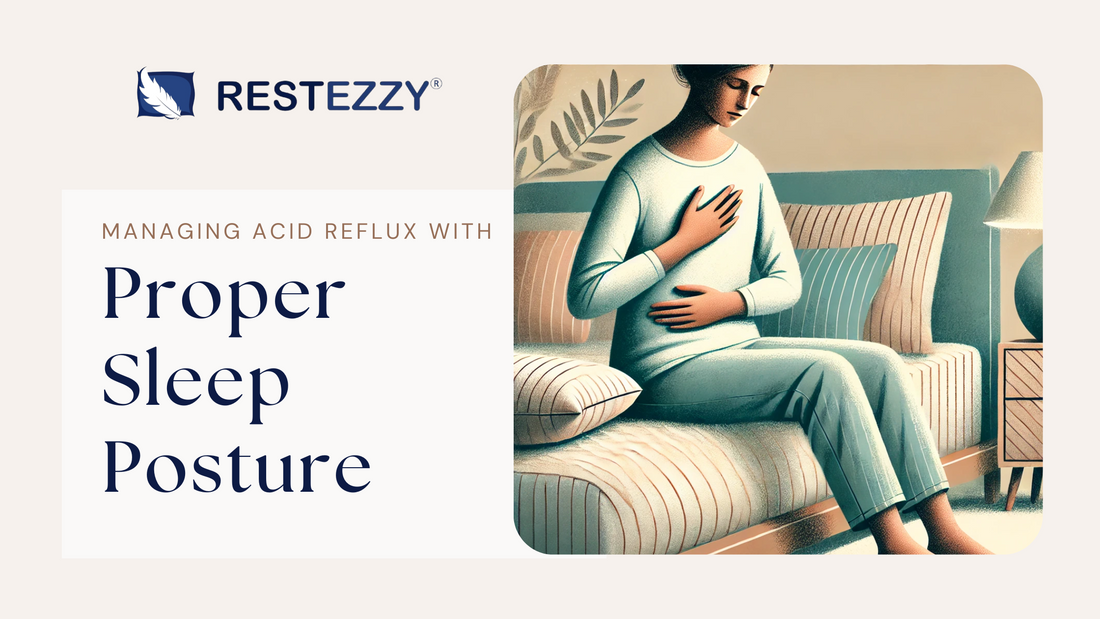 RestEzzy Knowledge world blog post topic 'Managing Acid Reflux with Proper Sleep Posture' featuring a woman experiencing discomfort from acid reflux