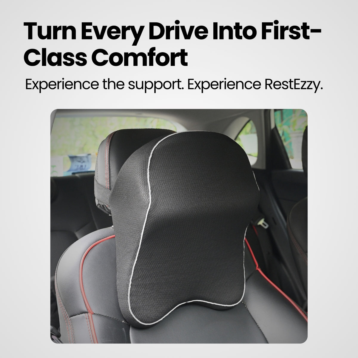 Car headrest pillow with text promoting comfort during drives