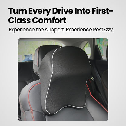 Car headrest pillow with text promoting comfort during drives