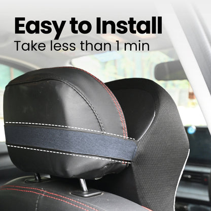 Car headrest cover with text 'Easy to Install, Take less than 1 min' on a car interior background.