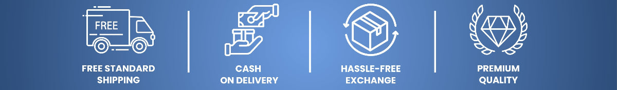 Set of icons and text on a blue background, representing free standard shipping, cash on delivery, hassle-free exchange, and premium quality.