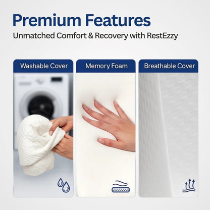 Advertisement for RestEzzy pillow with text 'Premium Features' and images of washable cover, memory foam, and breathable cover.