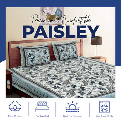 Paisley patterned bedspread on a bed with pillows, featuring text and icons indicating product features.