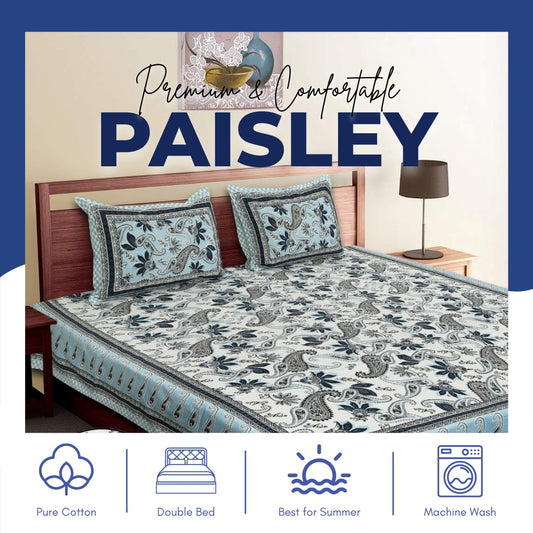 Paisley patterned bedspread on a bed with pillows, featuring text and icons indicating product features.