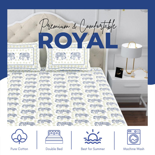 Bedding set with elephant pattern on a bed in a bedroom setting, featuring the brand 'Royal'.