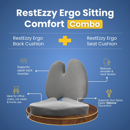 RestEzzy Ergo sitting comfort combo with back and seat cushion on a blue background